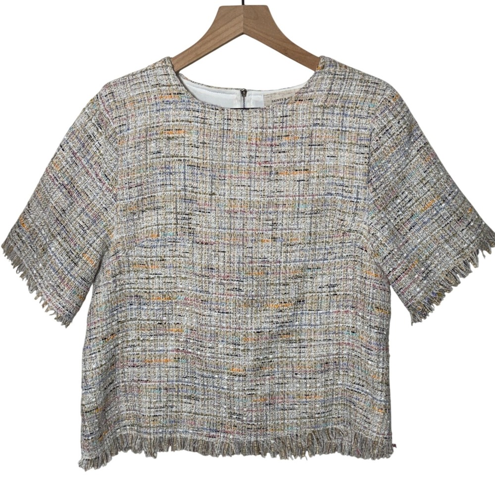 Saints & Hearts Tweed Fringe‎ Trim Short Sleeve Top Multicolored Woven Medium